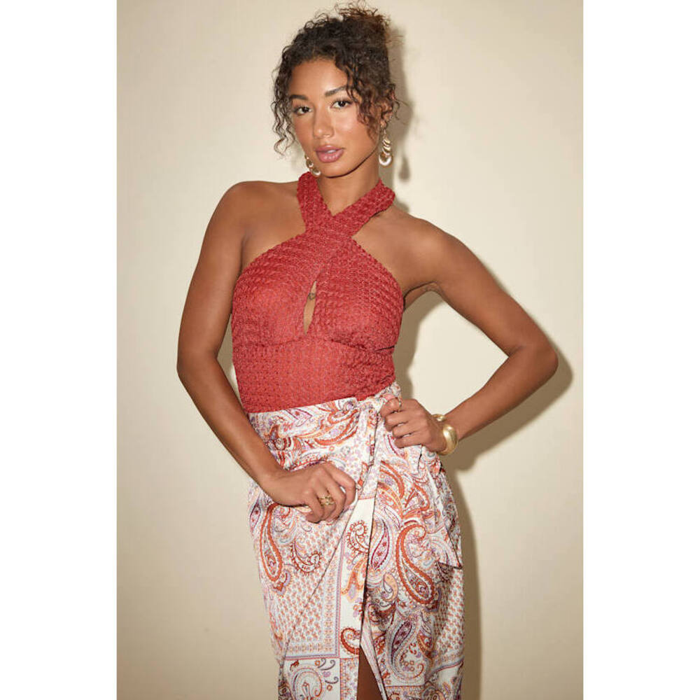 Lulus Sidia Rust Red Textured Knit Cross-front Bodysuit - Size S